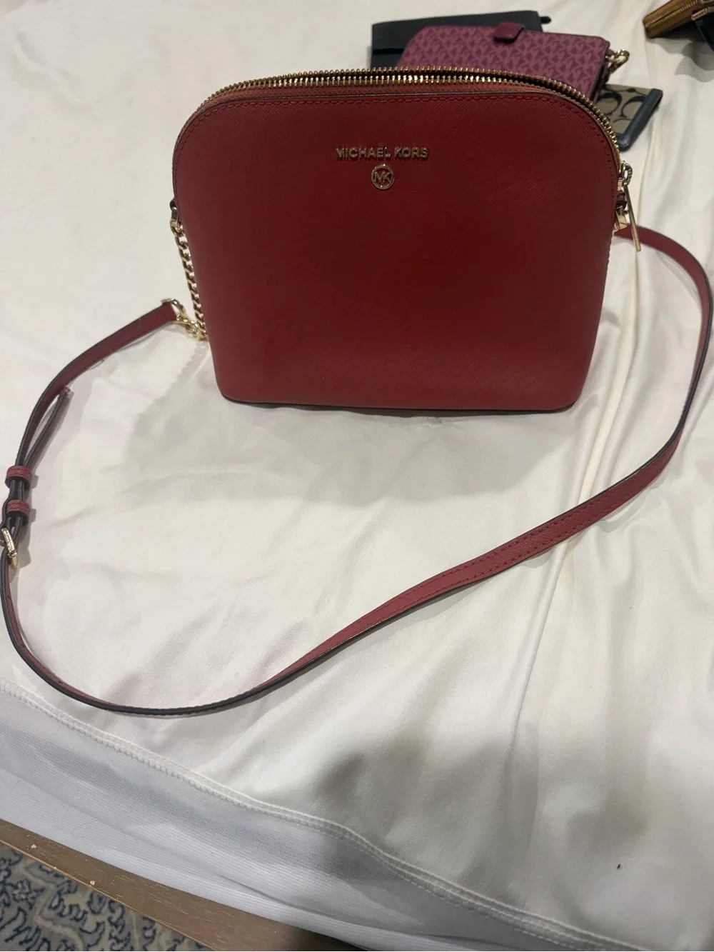 Michael Kors Red Saffiano Crossbody Dome Bag with Gold Hardware